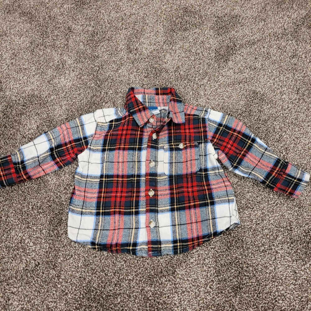 Old Navy Kids Red White Blue Plaid Flannel Button Down Shirt 12-18 Months 1166